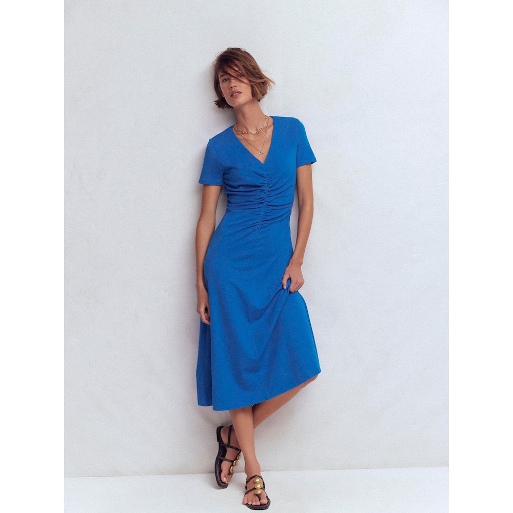 Boden Blue Una Ruched Front  V-Neck Ponte Midi Dress Short Sleeve US 12